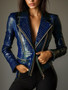 Women PU Leather Jackets Alligator Pattern Lapel Collar High Waist Pockets Vintage Long Sleeve Hip Hop Outerwear Zipper Jacket