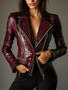 Women PU Leather Jackets Alligator Pattern Lapel Collar High Waist Pockets Vintage Long Sleeve Hip Hop Outerwear Zipper Jacket