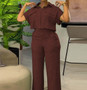 Women's Summer Casual Lapel Short Sleeve Shirt Wide Leg Pants 2 Pieces