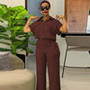 Women's Summer New Short Sleeve Solid Pattern Polo Collar Shirt and Wide Leg Pants Casual Style One Set Suits