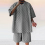Men's Sports Suit Summer New High Street Jacquard Plaid T-shirt Shorts Two-piece Set Male Casual Retro Loose O-neck Top
