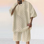 Men's Sports Suit Summer New High Street Jacquard Plaid T-shirt Shorts Two-piece Set Male Casual Retro Loose O-neck Top