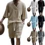 2024 Summer Men's Breathable Jacquard Casual Suits Loose Short Sleeve T-Shirt + Shorts V-Neck Tracksuit Two-Piece Set