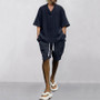2024 Summer Men's Breathable Jacquard Casual Suits Loose Short Sleeve T-Shirt + Shorts V-Neck Tracksuit Two-Piece Set