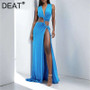 DEAT Spring New Arrival Fashion Hollow Out Sleeveless Dresses For Women Trendy Split V-neck Irregular Dress Female 11A03623