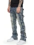 2025 New Trendy Men Jeans, European and American Fashionable Workwear with Patch, Elastic, Laminated and Slightly Flared Men Den