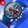 OLEVS 9936 New Silicone Blue Strap Multi-function Men Wristwatch Waterproof Quartz Sport Watch for Men Luminous Calendar Logo