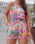 ANSZKTN Women  Popular Summer  Fashion element Printing Strapless Top 2 Pcs Shorts Set