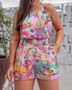 ANSZKTN Women  Popular Summer  Fashion element Printing Strapless Top 2 Pcs Shorts Set