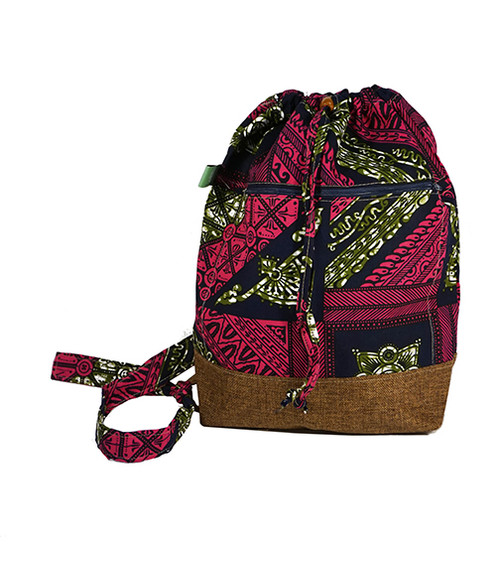 Magenta and navy print. One strap backpack.