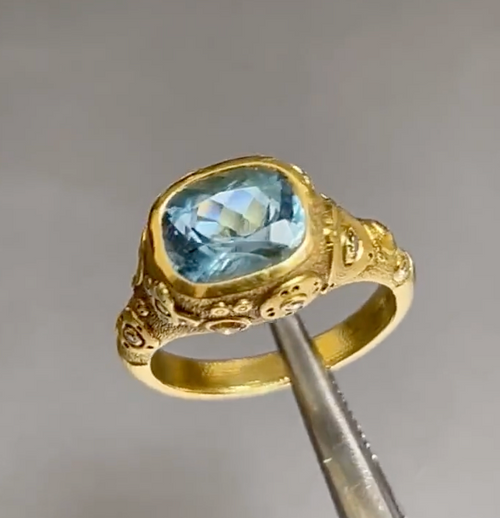 Alex Sepkus Aquamarine Diamond Ring | 18K Yellow Gold | Estate Designer Ring | Textured Gold Statement Jewelry