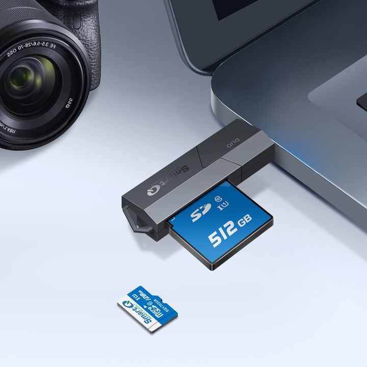 SmartQ card reader with an SD card next to a camera