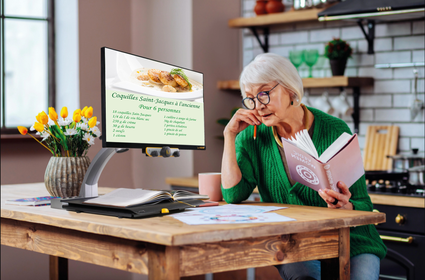 Vrouw gebruikt Mezzo beeldschermloep om te lezen