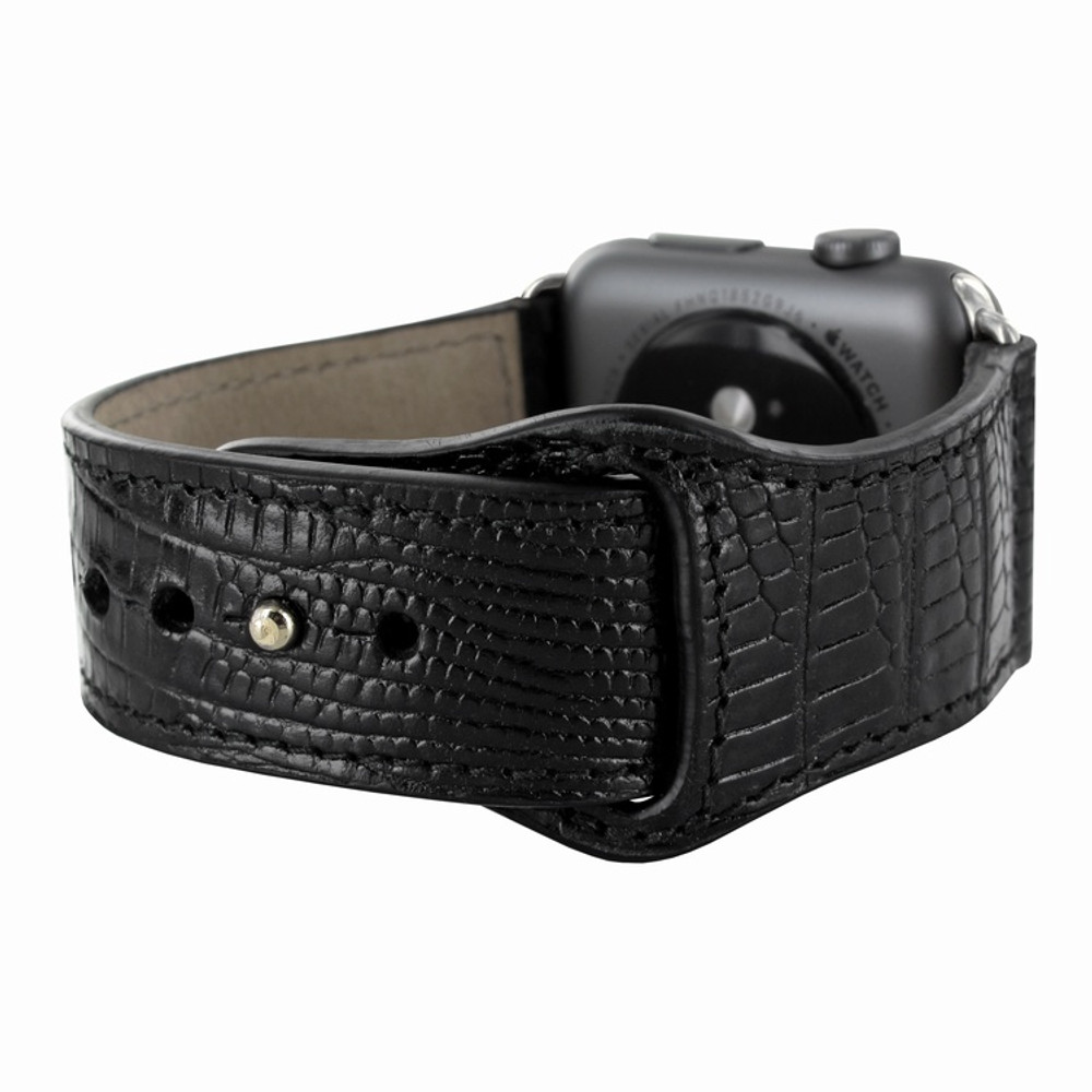 Piel Frama Apple Watch 42 mm Leather Strap - Black Cowskin-Lizard / Silver Adapter