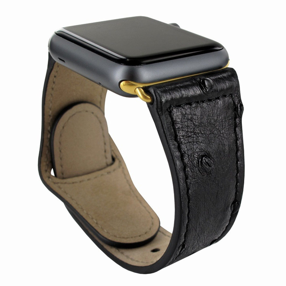 Piel Frama Apple Watch 42 mm Leather Strap - Black Cowskin-Ostrich / Gold Adapter