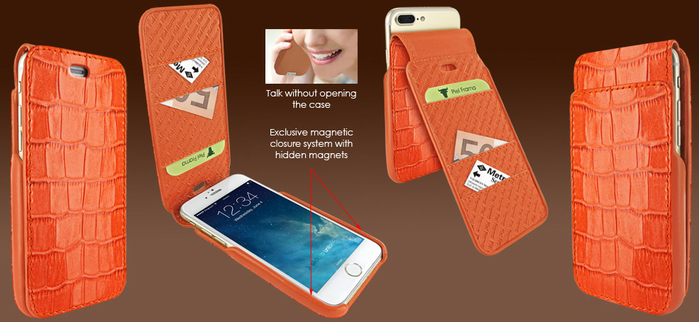 Piel Frama iPhone 7 Plus / 8 Plus iMagnumCards Leather Case - Orange Cowskin-Crocodile