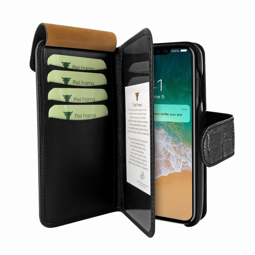 Piel Frama iPhone X / Xs WalletMagnum Leather Case - Black Cowskin-Crocodile