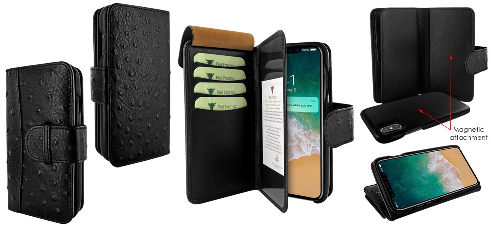 Piel Frama iPhone X / Xs WalletMagnum Leather Case - Black Cowskin-Ostrich