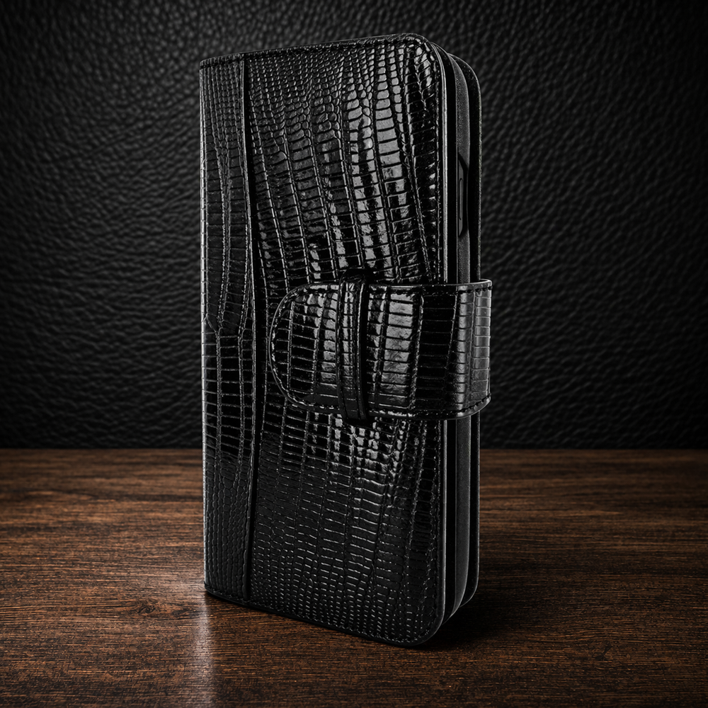 Piel Frama iPhone 14 Pro Max WalletMagnum Leather Case - Black Cowskin-Lizard