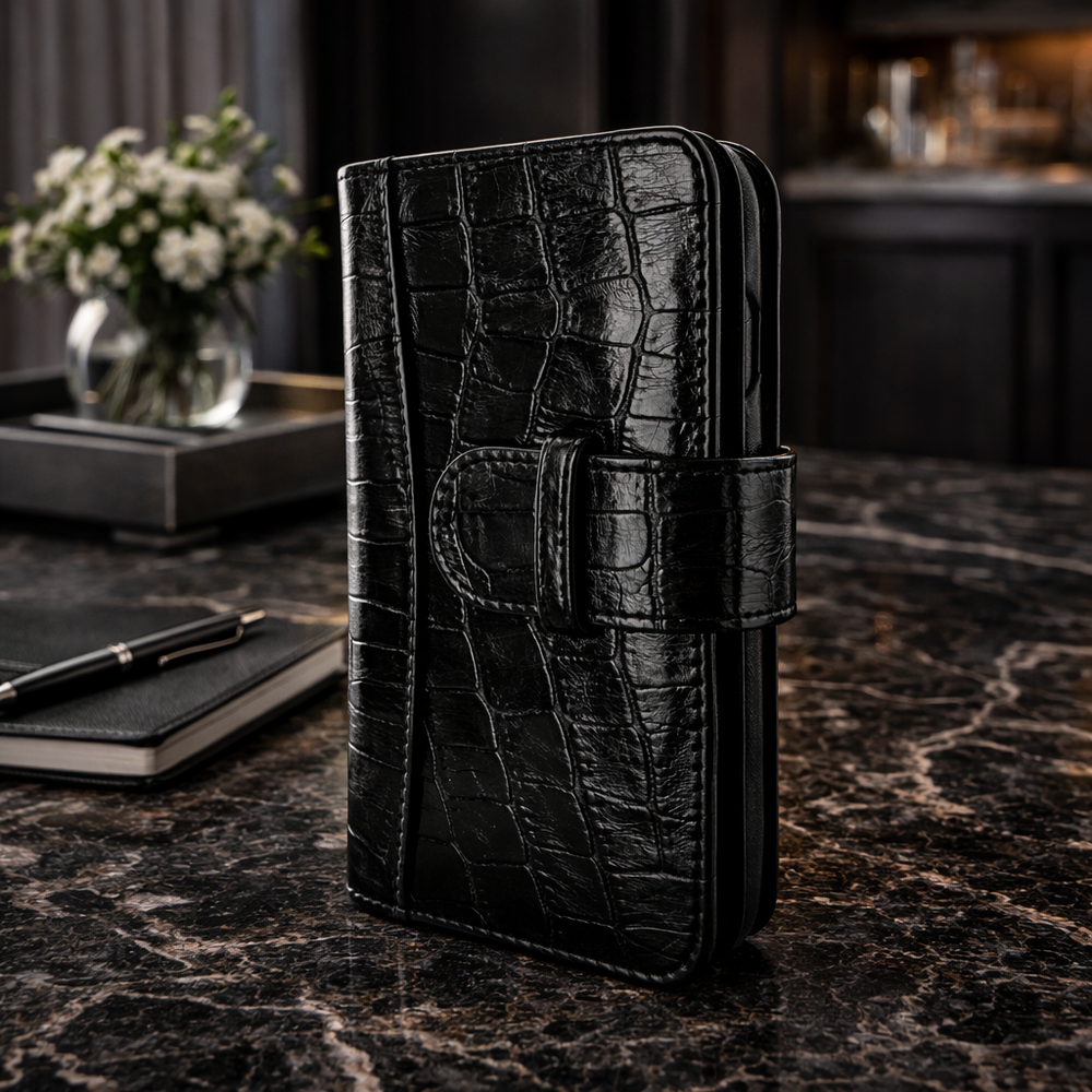 Piel Frama iPhone 15 Pro Max Black Crocodile WalletMagnum Leather Case