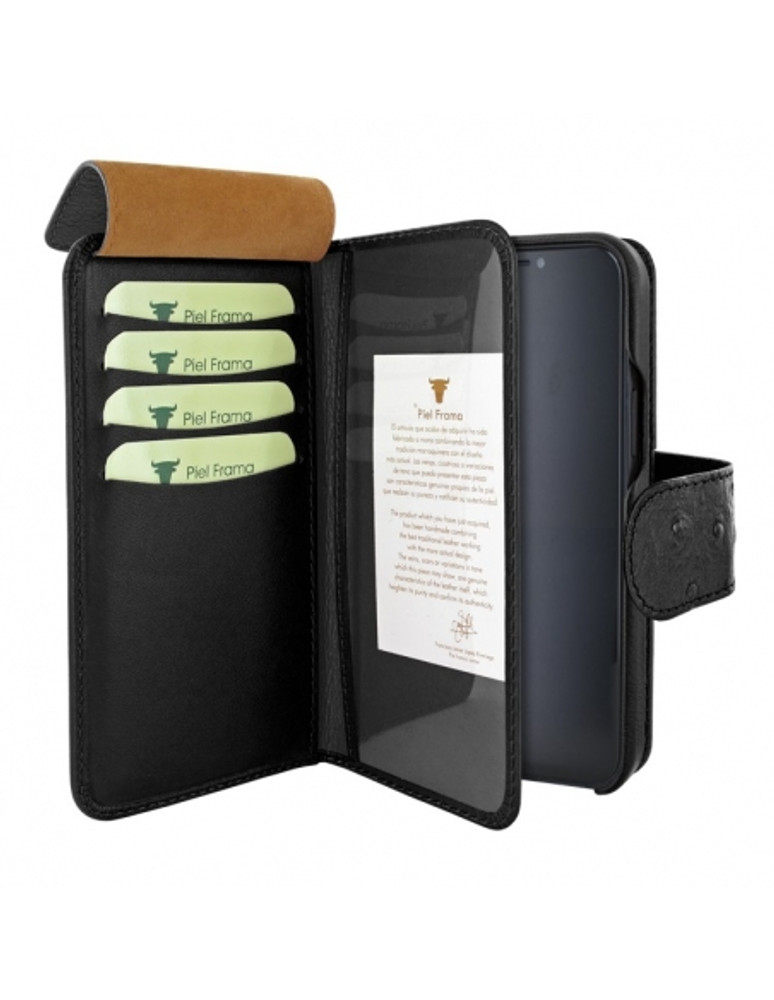 Piel Frama Black Ostrich WalletMagnum Leather Case for iPhone 16