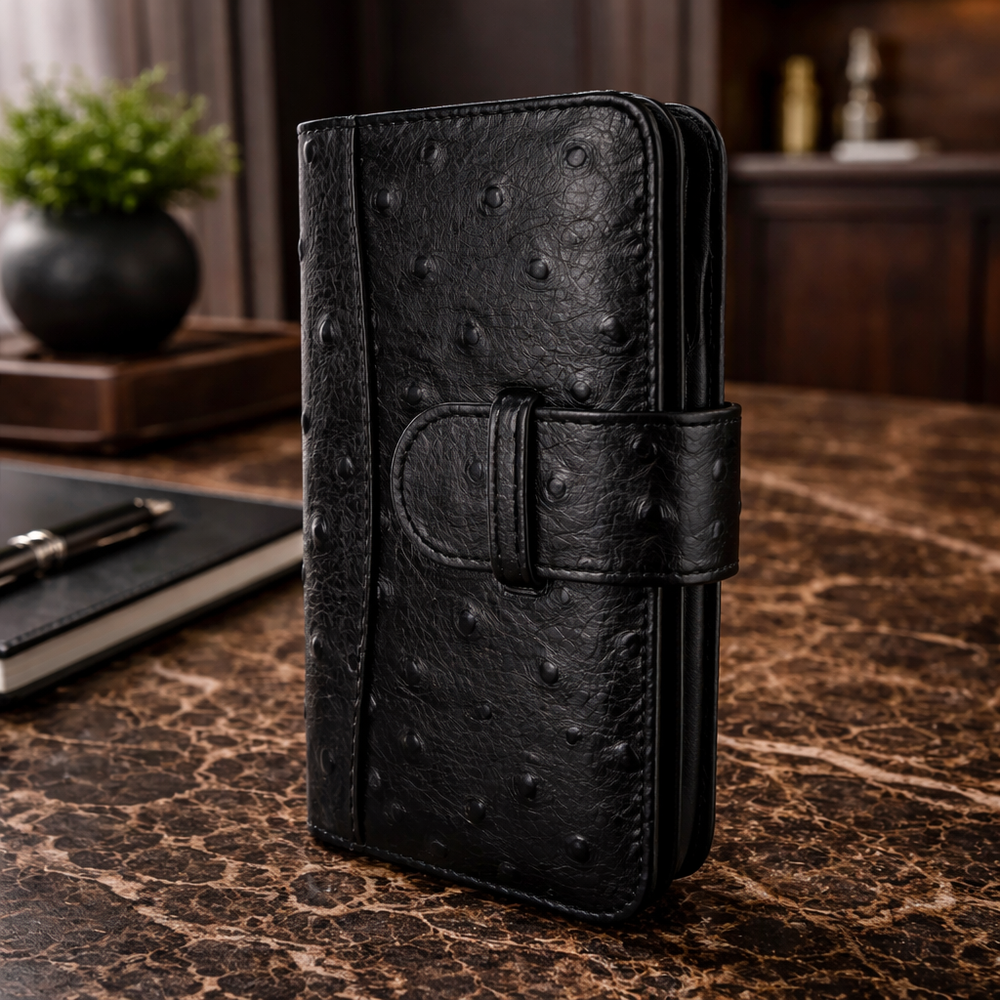 Piel Frama Black Ostrich WalletMagnum Leather Case for iPhone 16 Pro Max