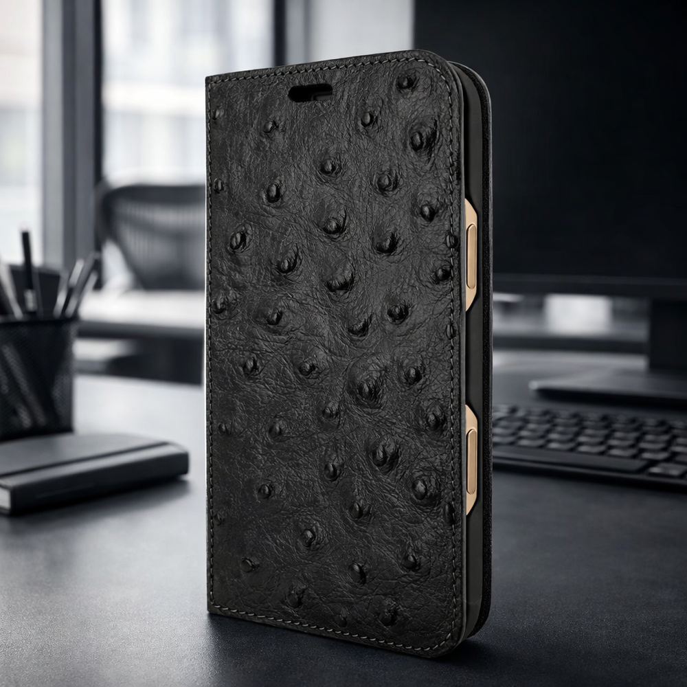 Piel Frama 542 Black Ostrich Folio Style Magnetic Leather Case for iPhone 17 Pro Max