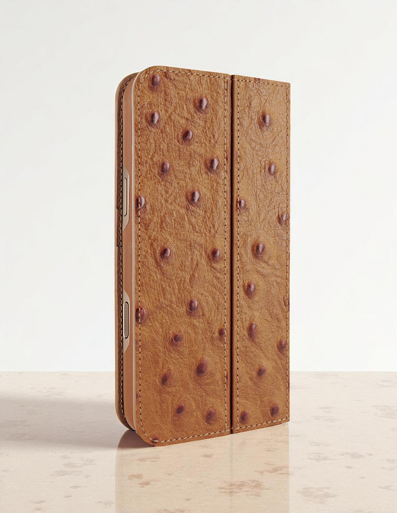 Piel Frama 542 Tan Ostrich Folio Style Magnetic Leather Case for iPhone 17 Pro Max