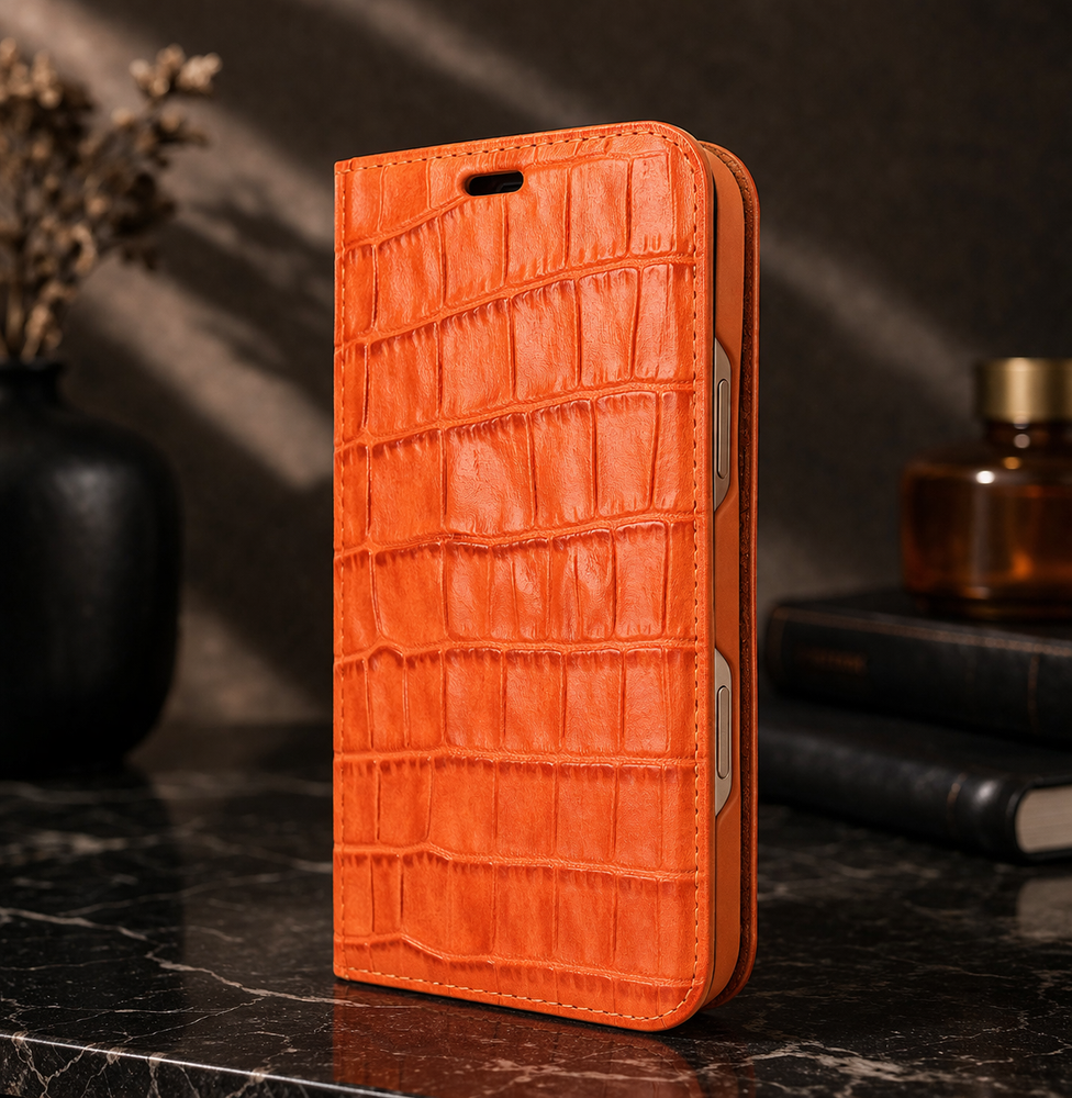 Piel Frama 537 Orange Crocodile Folio Style Magnetic Leather Case for iPhone 17 Pro