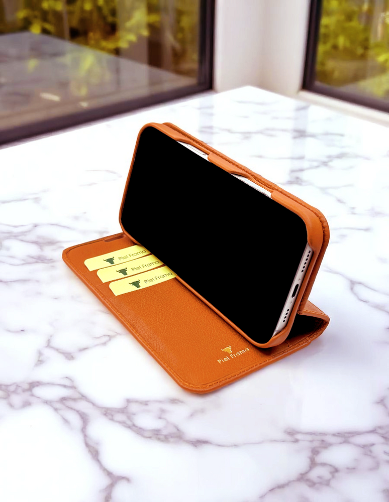 Piel Frama 527 Orange Folio Style Magnetic Leather Case for iPhone 17