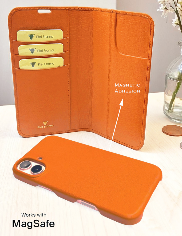Piel Frama 527 Orange Folio Style Magnetic Leather Case for iPhone 17
