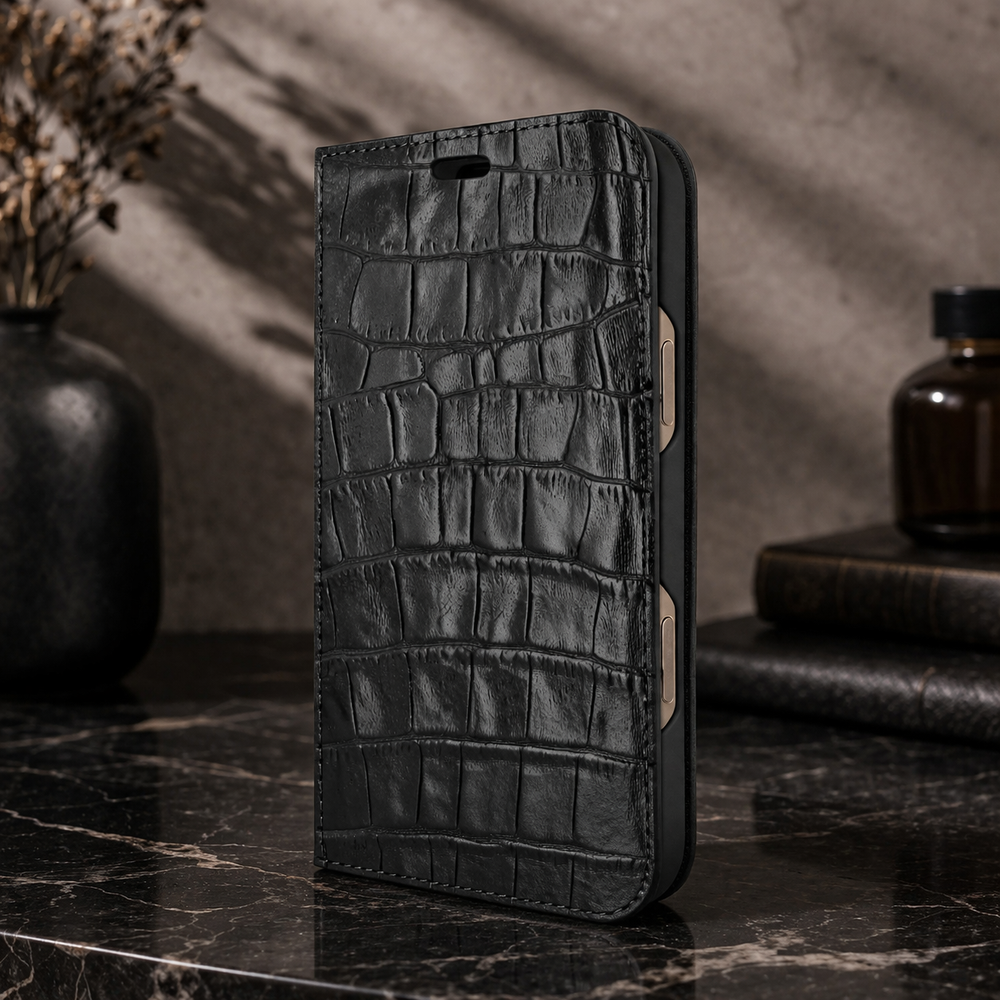 Piel Frama 527 Black Crocodile Folio Style Magnetic Leather Case for iPhone 17