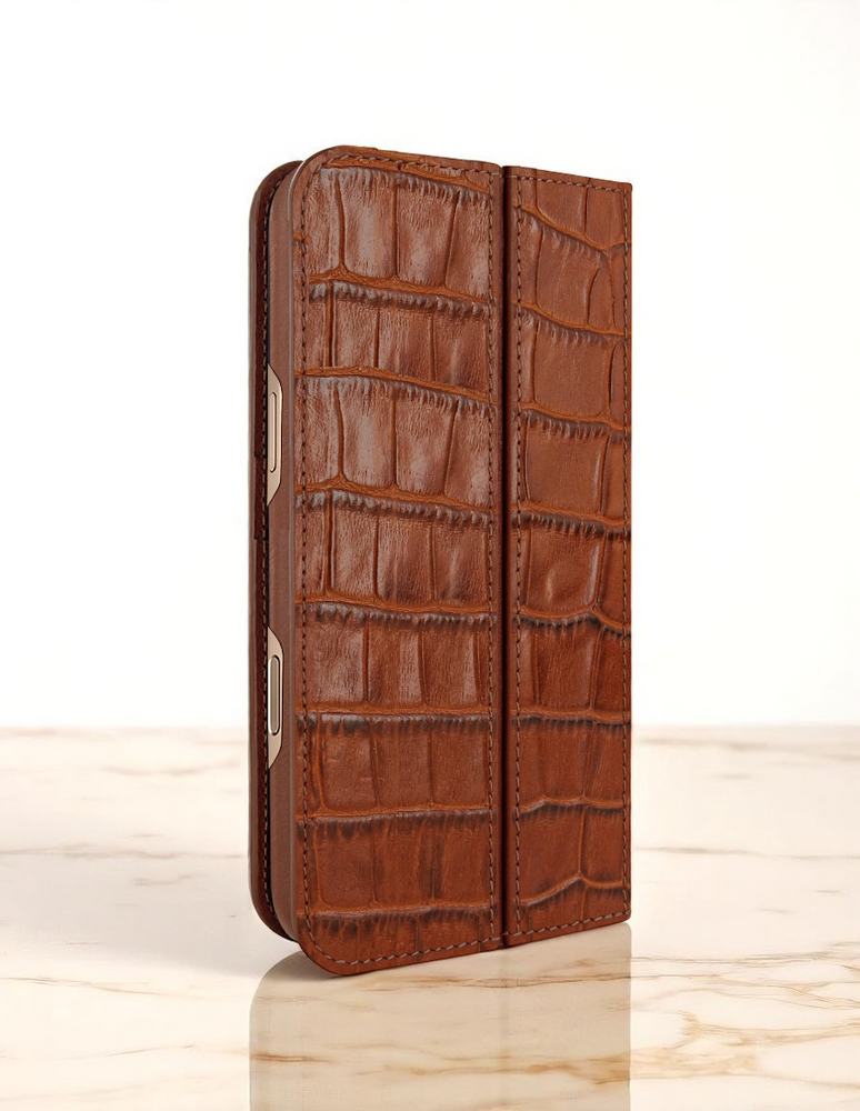 Piel Frama 527 Brown Crocodile Folio Style Magnetic Leather Case for iPhone 17