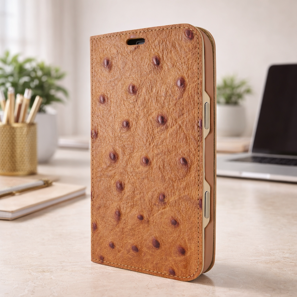 Piel Frama 527 Tan Ostrich Folio Style Magnetic Leather Case for iPhone 17