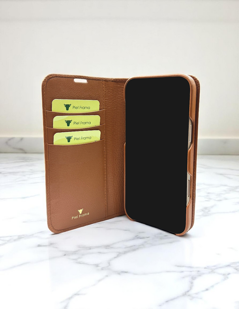 Piel Frama 527 Tan Ostrich Folio Style Magnetic Leather Case for iPhone 17