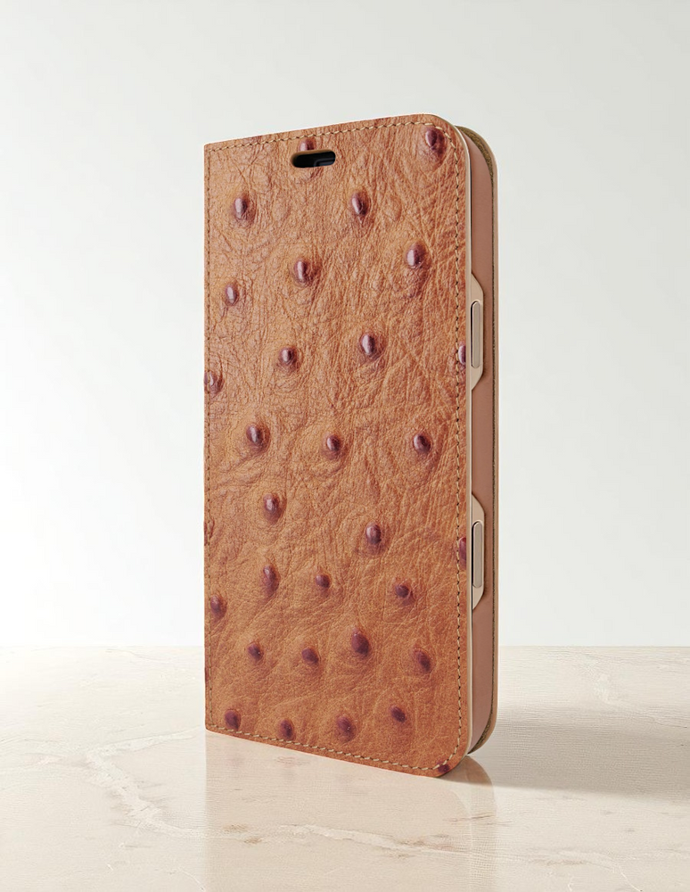 Piel Frama 527 Tan Ostrich Folio Style Magnetic Leather Case for iPhone 17
