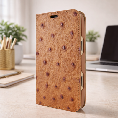 Piel Frama 537 Tan Ostrich Folio Style Magnetic Leather Case for iPhone 17 Pro