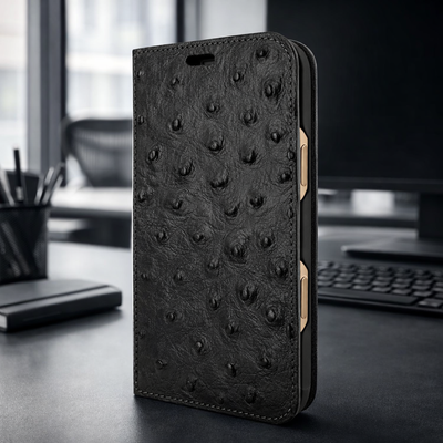 Piel Frama 532 Black Ostrich Folio Style Magnetic Leather Case for iPhone Air
