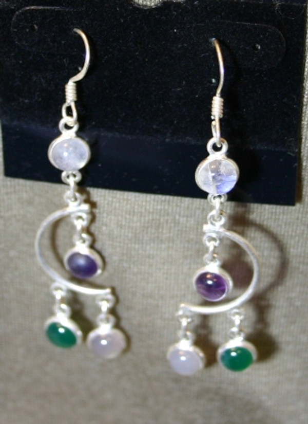 <p>Amethyst, green onyx, rainbow moonstone and rose quartz cabochon drop earrings in 925 sterling silver.</p>
