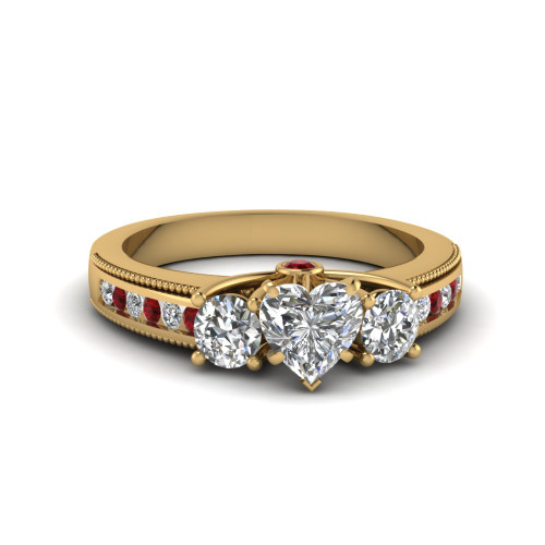 3 stone milgrain heart diamond engagement ring with ruby in FDENR7325HTRGRUDR NL YG