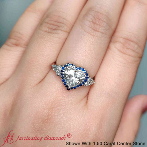 heart shaped lab diamond halo cluster engagement ring with sapphire in white gold FD10512R1 HT 2.00CT NL WG