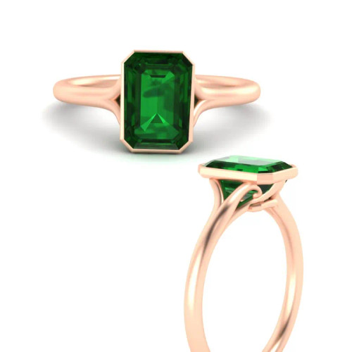 bezel set split shank emerald cut emerald solitaire ring in rose gold FD11229EMRGEMGRANGLE3 NL RG