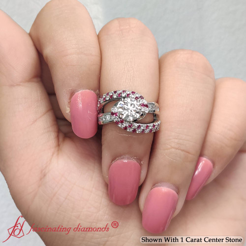 round cut diamond twist swirl halo ring with ruby in FD10355ROR5 2.00+CT NL WG