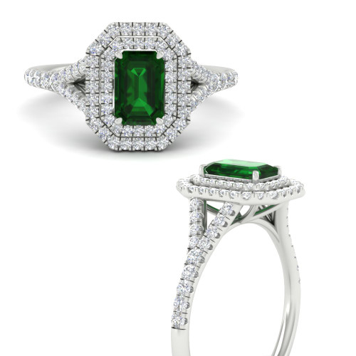 split shank emerald emerald cut diamond halo engagement ring in white gold FD9608EMRGEMGRANGLE3 NL WG