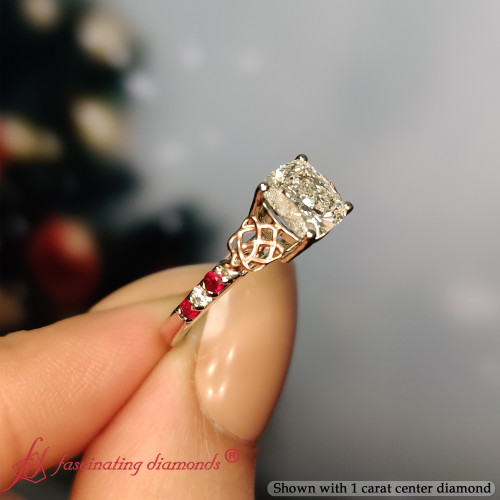 cushion cut celtic diamond ring with ruby in 14K white gold FDENS2255CURGRUDR NL WG