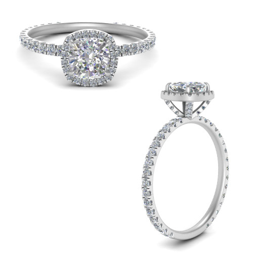 cushion cut halo scalloped pavé diamond ring in white gold FD9364CURANGLE3 NL WG