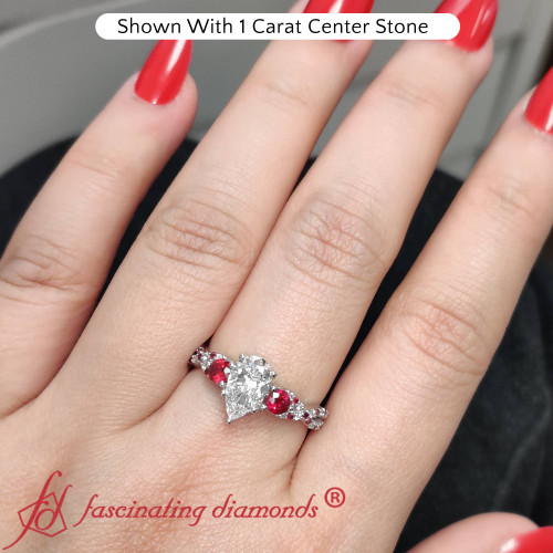 1.50 carat 3 stone pear lab diamond engagement ring with red ruby in white gold FD10257R1 PE 1.50+CT NL WG