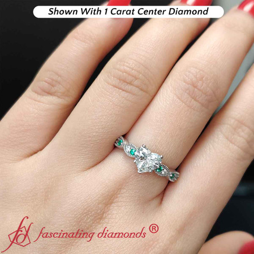 milgrain pave heart shaped lab diamond ring with emerald in white gold FDENS3053R1 HT 1-20-CT NL WG