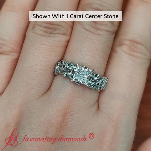 1 carat princess cut filigree engagement ring with black diamond in white gold FD10089PR1 1.00CT NL WG