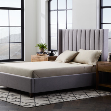 wide shot the Smooth Bamboo Rayon Sheet Set on the Eastman Base with the Blackwell Headboard